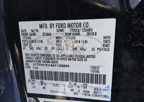 2010 Ford F-150 Fx4/Harley-Davidson/King Ranch/Lariat/Platinum/Xl/Xlt z USA, uszkodzony, nr VIN 1FTFW1EV4AFC89885